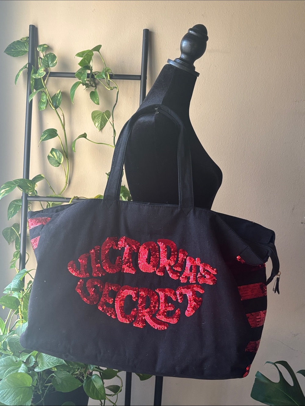 Victoria's Secret Black Tote with Red Sequin Logo and Stripes
